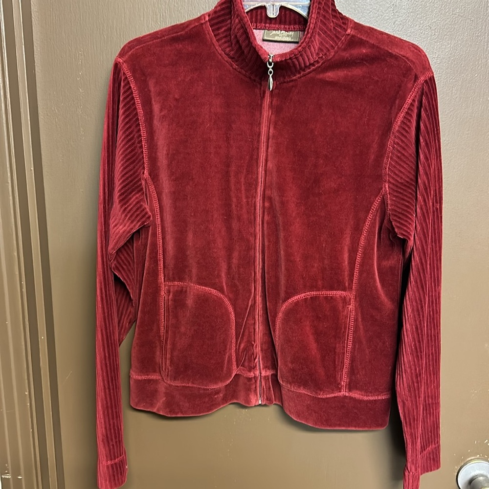 Jane Ashley petite crushed velour ribbed mock neck, & sleeves front zip jacket